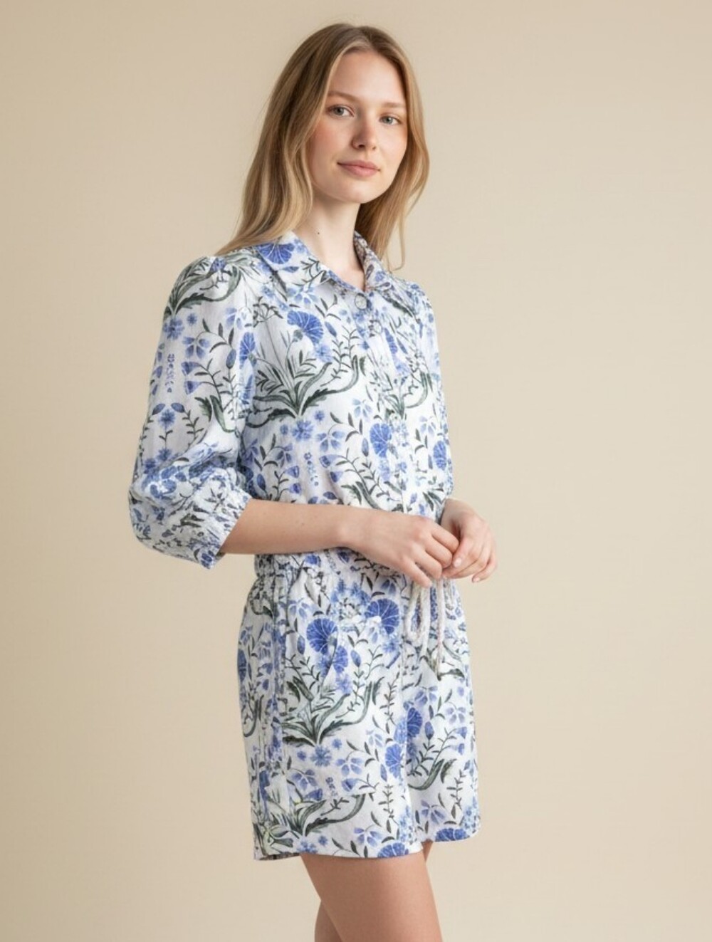 Petal & Pup Linen Blend Blue and White Floral Romper.